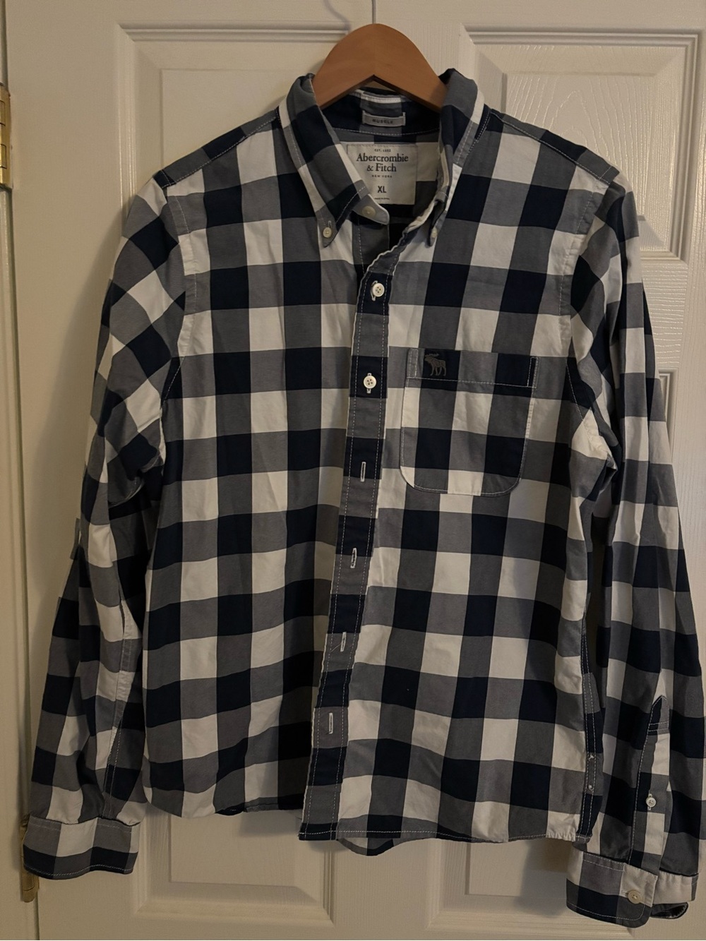 Abercrombie & Fitch Navy and White Buffalo Check Button-Down Shirt